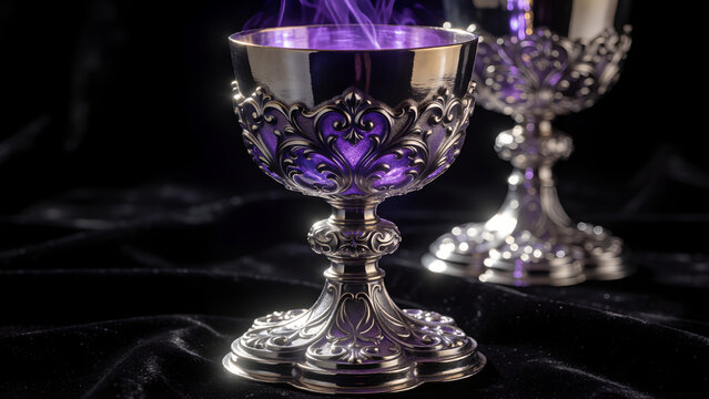 Ornate silver chalice with glowing purple liquid and magical smoke on a black velvet background.