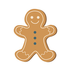 Obraz premium Cute smiling gingerbread man cookie vector illustration. Sweet traditional Christmas and winter holiday bakery treat isolated on white background.