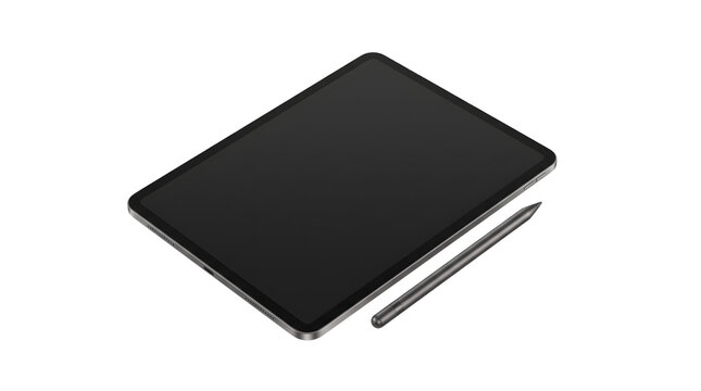 Modern black tablet and stylus pen mockup presentation isolated on transparent background