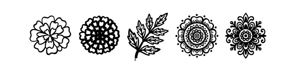 Obraz premium Set of hand-drawn floral ornaments featuring marigold flowers, a leafy branch, and mandala designs. Black and white line art vector illustrations perfect for folk art and boho projects.