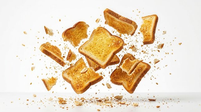 Golden brown toast crumbs and slices of toasted bread flying in air as a morning breakfast food.