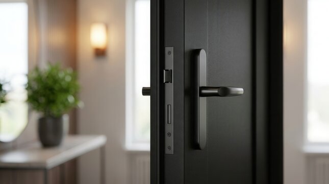 Modern residential entrance detail featuring a black armored apartment door and mortise lock.