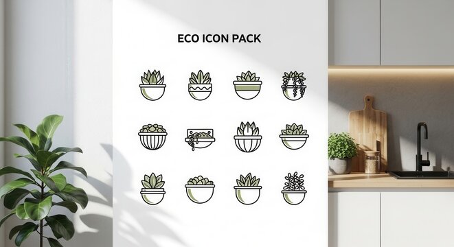 Modern Eco Icon Pack Collection Featuring Potted Plants And Greenery
