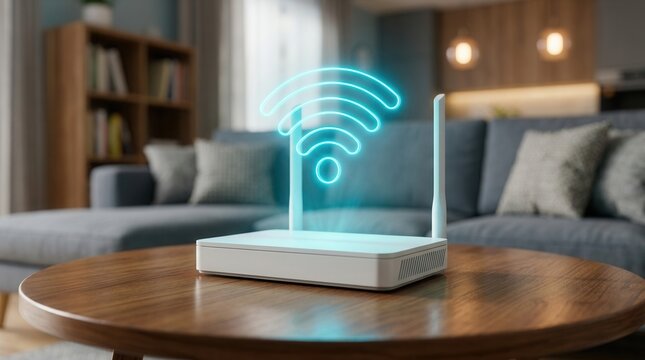 Modern home internet connection device with antennas and glowing blue signal on a wooden table