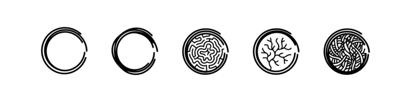 A minimalist set of five black and white circular icons with hand-drawn abstract patterns including Enso strokes, a maze, branching tree shapes, and dense organic tangled lines.