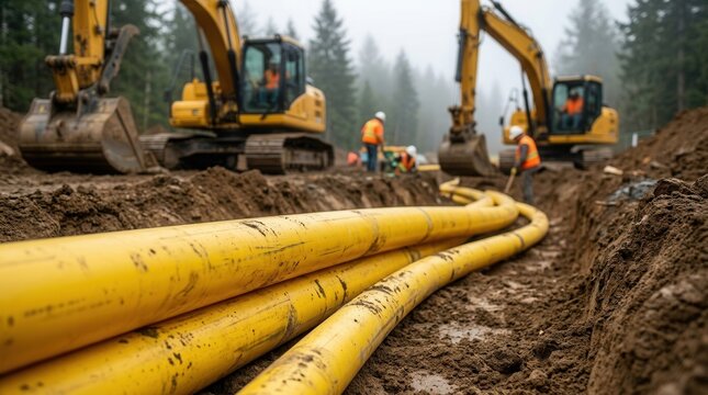 Underground infrastructure project development featuring yellow pipes laid on dirt and workers operating excavators at a construction site.