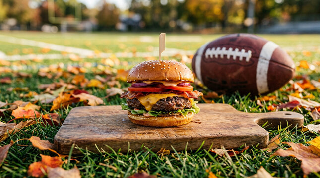 Bacon Cheeseburger and Football on Field for Autumn Game Day