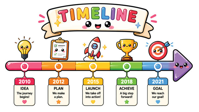 Colorful timeline infographic showing milestones, goals and achievements across multiple years, ideal for business planning and progress