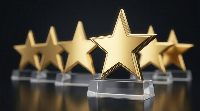Awards for outstanding staff featuring golden star trophies on a dark background to signify excellence and top performance in business.