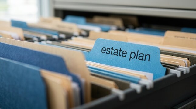 Documents organizing personal wealth and future legacy in a blue estate plan folder tab within an office cabinet.