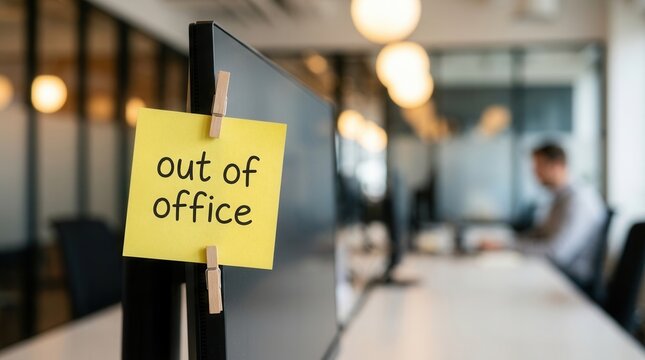 Employee absence and vacation indicated by a reminder note hanging on a monitor.