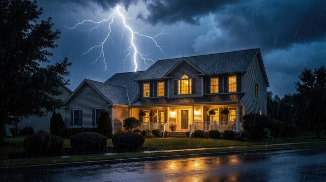 Dramatic sky with dark clouds and powerful lightning strikes over a suburban home during a night rainstorm.