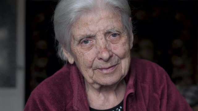 Close up portrait of serene ninety year old woman with deep wrinkles and gray hair, looking directly at camera with gentle and wise smile, conveying a sense of peace and longevity