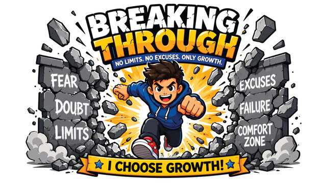 Motivational cartoon figure breaking through a wall labeled fear, doubt, limits and failure with a bold growth mindset message