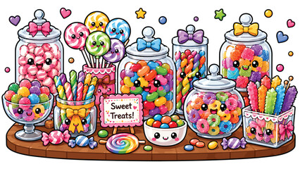 Naklejka premium Colorful candy shop display filled with jars of lollipops, gummies, cookies, cupcakes and sweet treats for festive celebrations