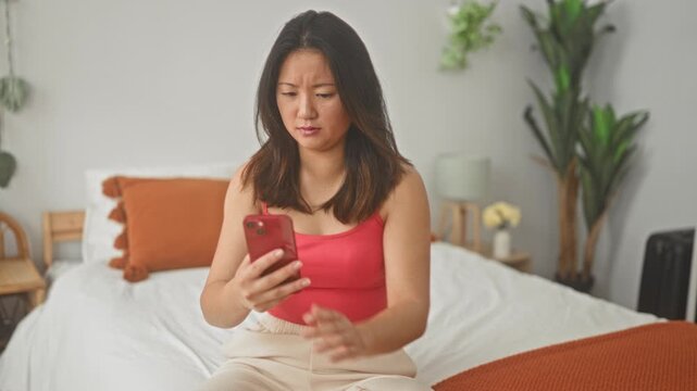 Young woman seated on bed holding a red smartphone, hand to ear and frowning while looking at the screen in a bedroom; worry uncertainty.
