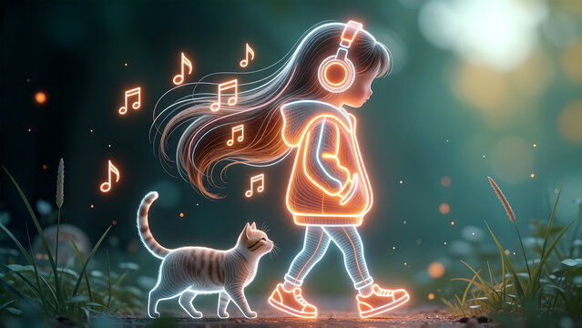 A cute girl with neon glowing headphones walking with her pet cat in a magical forest.