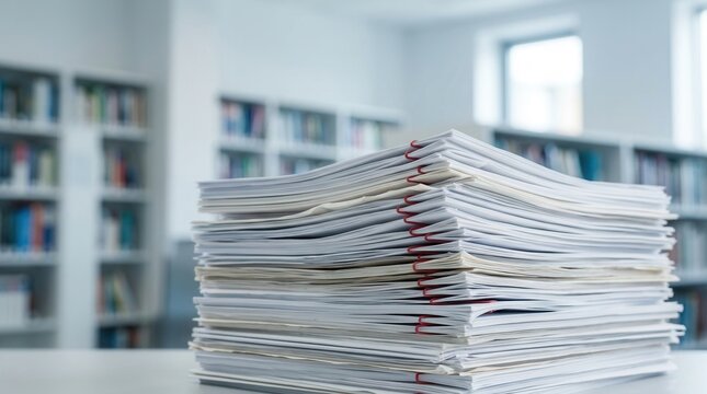 Medical journals, scientific articles, and academic documents organized on shelves in a library setting.