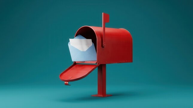 Postal box on teal background waits for mail, featuring a traditional mail delivery service concept.