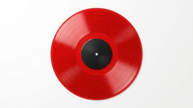 Isolated red vinyl record, a classic album disc with a black label for audio entertainment media.