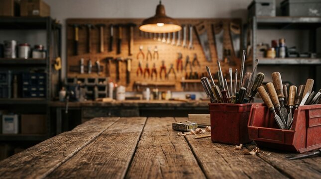 Industrial workshop setting featuring a rustic wooden table surface and organized tools on the wall.