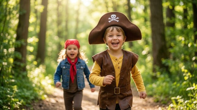 Boy dressed as captain with skull and crossbones hat smiles joyfully while running through a forest path with a girl in pirate attire.