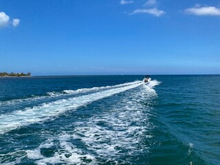 Boat wake and sea foam on turquoise ocean water in tropical lagoon  © Irina