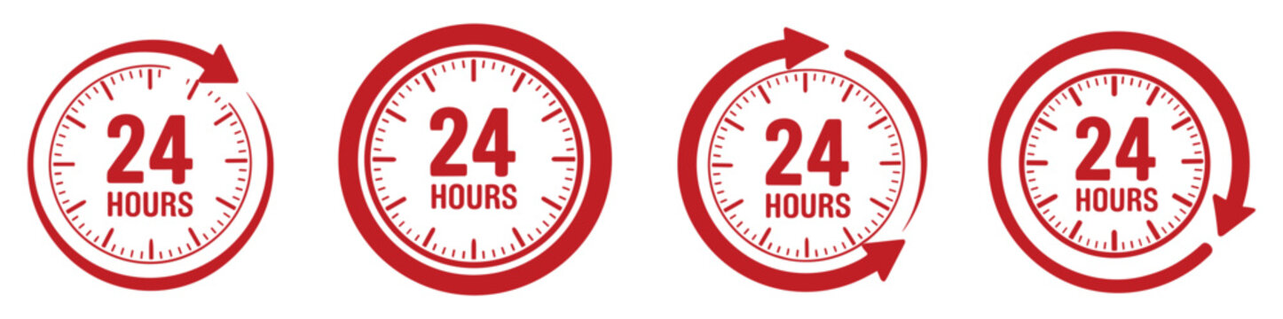 24 Hours Service Icons: A set of four circular icons, each displaying a clock face with the text 24 HOURS and a circular arrow indicating continuous service.