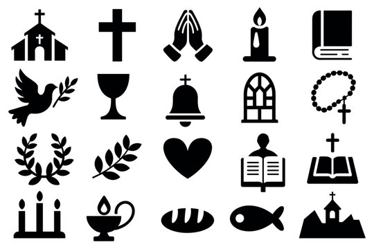 Religious Symbols: A collection of various religious symbols including a church, cross, prayer hands, candle, book, dove, chalice, bell, rosary, wreath, heart, bread, fish and baptism font.