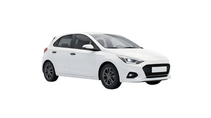 Naklejka premium Modern white compact hatchback car, front threequarter view, isolated on transparent background