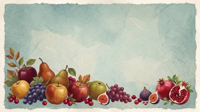 Thanksgiving Fruit Border 3D Painted Paper Background with Copy Space for Stationary Design and Greeting Cards