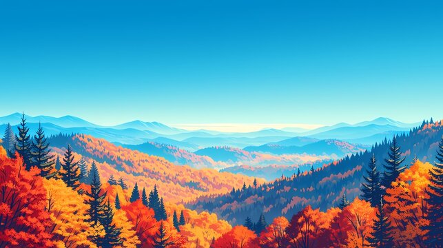 青空の下に紅葉した山並みが幾重にも連なるパノラマ風景、フラットベクターの秋