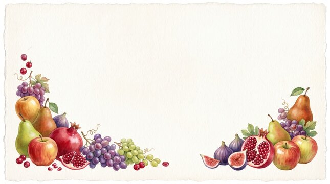 Thanksgiving Fruit Border 3D Watercolor Paper Background with Central Copy Space for Upscale Stationery Design and Autumn Holiday Announcements