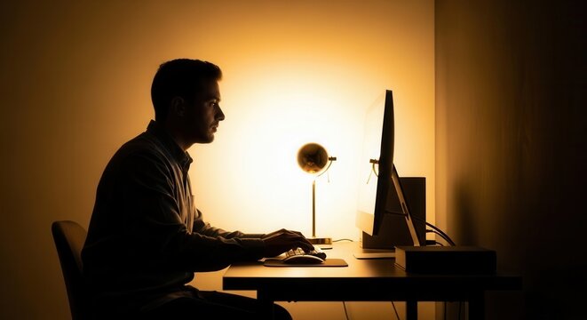 Man Working Late On Computer In Dimly Lit Office