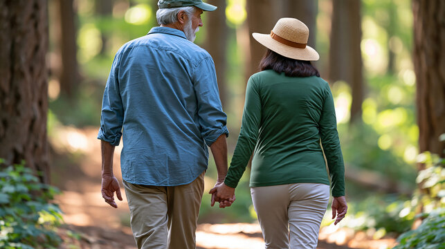 Indigenous senior couple walking together through a forest trail, active aging, retirement wellness, nature therapy, healthy lifestyle, companionship, realistic commercial