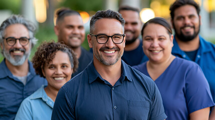 Obraz premium Diverse Indigenous community members standing together outdoors during golden hour, different generations and professions, unity, cultural pride, inclusion, contemporary