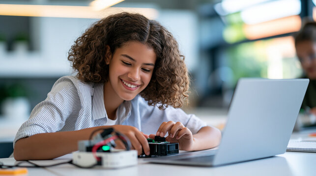 Indigenous teenage girl participating in a robotics workshop, STEM education, technology skills, engineering learning, female student, diversity in science, modern classroom, with