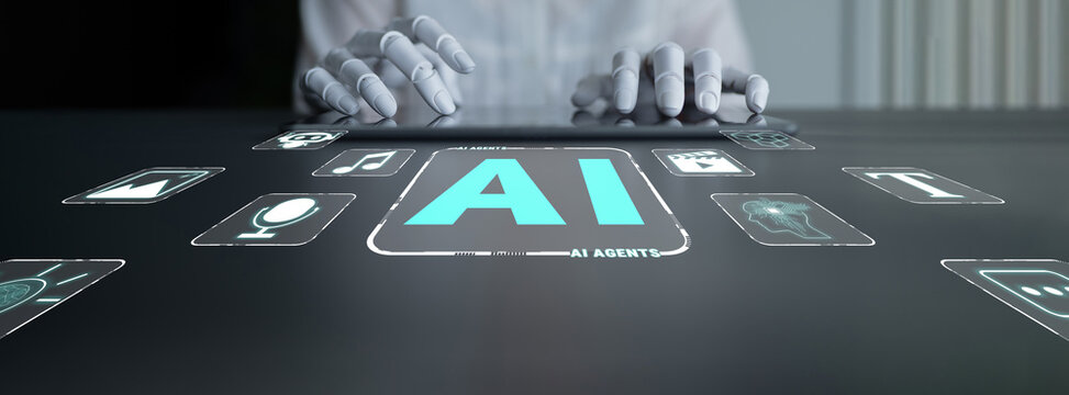 Hands of a person interacting with futuristic interface showcasing artificial intelligence tools and applications, demonstrating technology in modern workspace Quark.