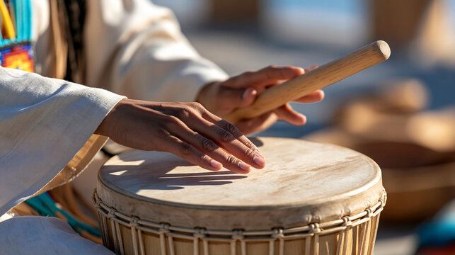 Indigenous musician playing a traditional hand drum during a community gathering, cultural heritage, rhythm, music tradition, outdoor festival, respectful editorial photography,