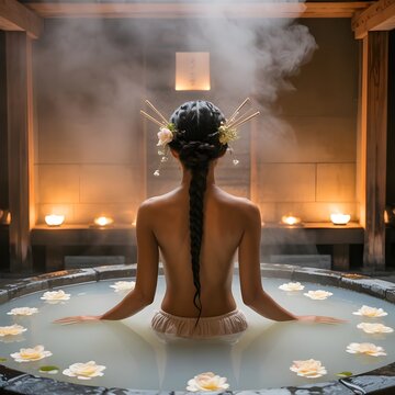 Mujer relaj&aacute;ndose de espaldas en un ba&ntilde;o termal onsen japon&eacute;s con vapor, flores de loto y velas