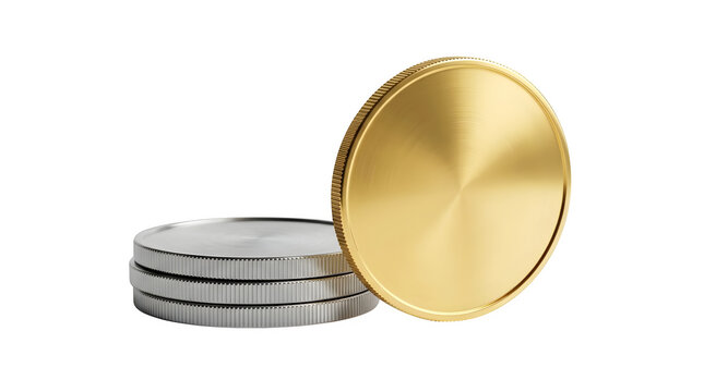 A stack of silver coins and one upright gold coin isolated on transparent background