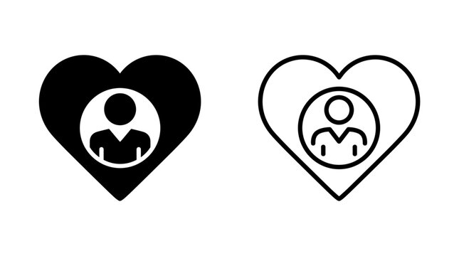 Minimalist heart with person icon set, black solid and outline user profile symbols, romantic relationship and customer care vector