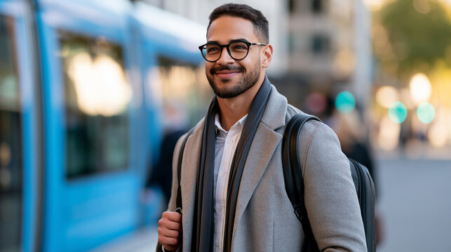 Young Indigenous professional commuting through a modern city, contemporary lifestyle, career development, urban diversity, confidence, natural candid photography, with copy space
