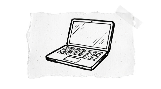 Hand drawn laptop outline marker sketch on torn paper scrap, computer technology workspace doodle and digital icon