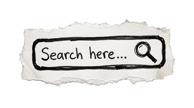 Hand drawn 'Search here...' search bar marker sketch on torn paper, website UI UX navigation element mockup sticker