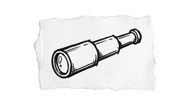 Hand drawn spyglass telescope marker sketch on torn paper, vintage navigation tool doodle and adventure design element