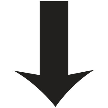 Black arrow pointing down icon, vector direction symbol, download and navigation graphic element isolated on white background
