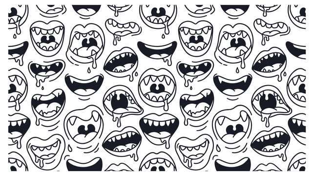 Spooky monster mouth seamless pattern in outline drawing style.