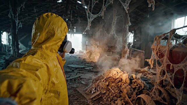 Biohazard Worker in Yellow Hazmat Suit Inspecting Contaminated Abandoned Building with Flashlight