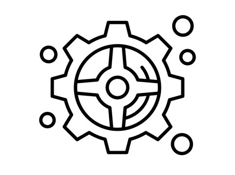 A very simple but perfect looking gear icon line art with eight teeth and some floating circles mechanical engineering and settings symbol